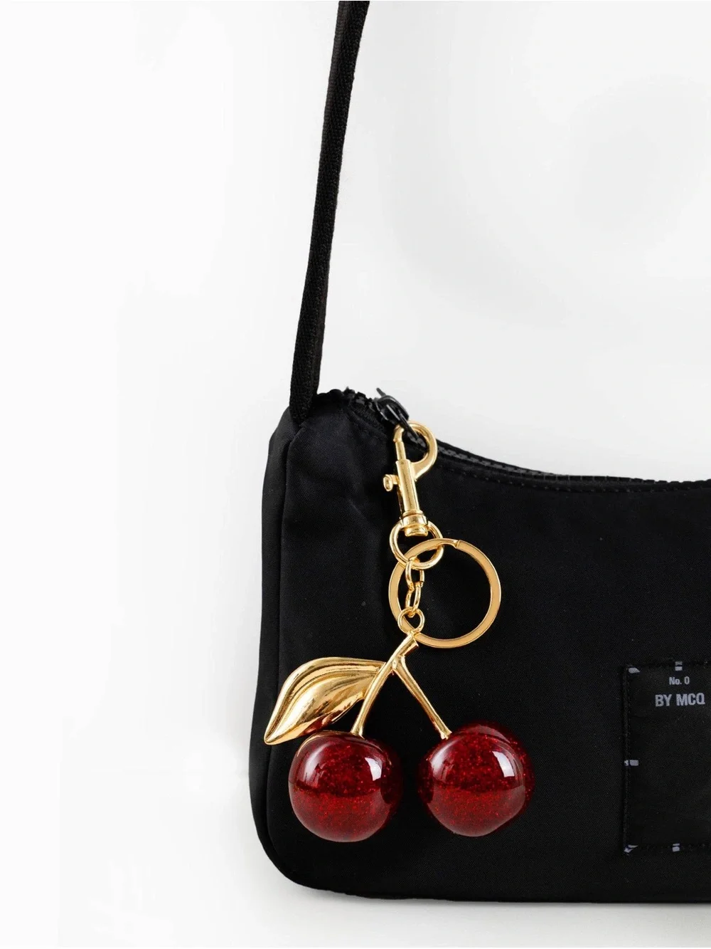 Glossy Red Cherry Bag Charm Keychain Gold Tone Purse Handbag Accessory